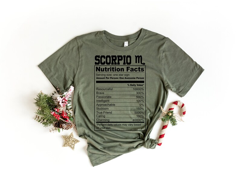 May include: Green t-shirt with a black graphic that reads "SCORPIO M. Nutrition Facts" and lists personality traits with percentages. The graphic is styled like a nutrition label.