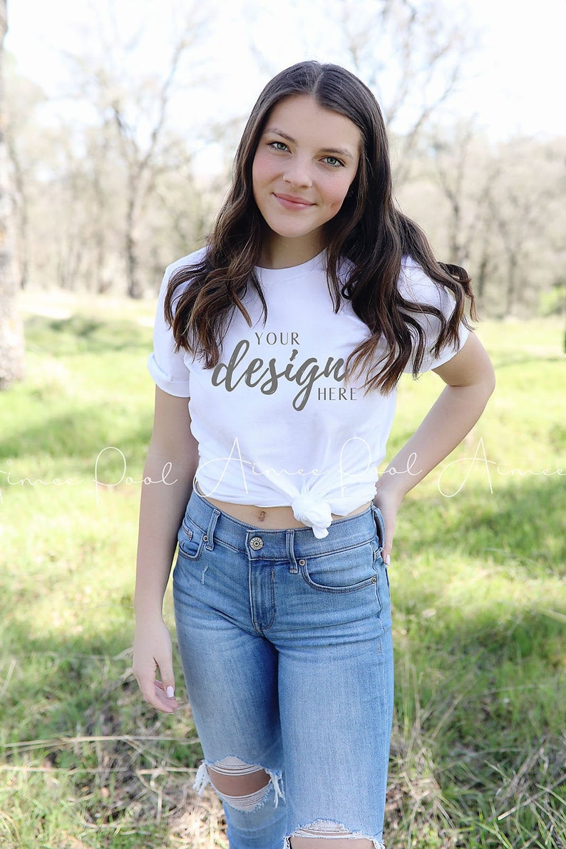 Download T-Shirt Mockup Model Bella Canvas 3001 White Woman Model ...