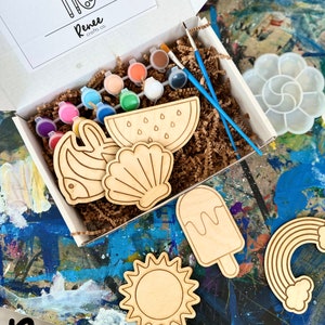 Kit fai da te per colorare l'estate per bambini, kit di pittura in legno, legno da dipingere, kit di pittura per bambini, giocattoli in legno per bambini, artigianato estivo, kit di artigianato
