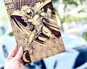 Moon Knight, Engraved Comic, Wood Comic, Wood Engraved Marvel Comic, Marvel Comics, Moon Knight, Marc Spector, Custom comics, Marvel Gifts