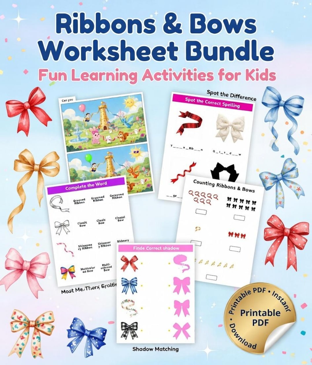 Lesson Ribbon Ribbons & Bows Worksheet Bundle for Kids | Preschool Printable ...