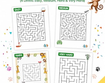 Hojas de trabajo de laberintos de animales del zoológico / 4 niveles de dificultad (descarga digital) - Paquete para educación en el hogar