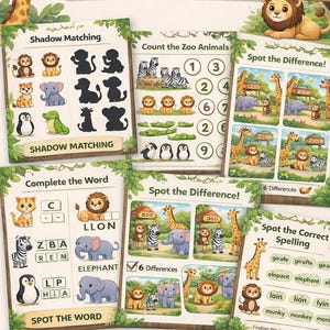 Może przedstawiać: Kolorowy pakiet aktywności Zoo Animal Fun z różnymi grami edukacyjnymi. Zawiera dopasowywanie cieni, liczenie, znajdowanie różnic i aktywności związane z uzupełnianiem słów. Zestaw został zaprojektowany z uroczymi ilustracjami zwierząt.