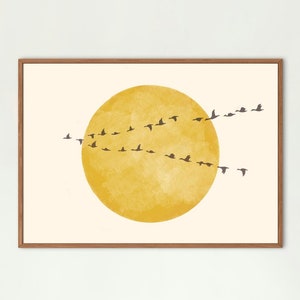 Póster de descarga digital de arte mural de gansos voladores con sol amarillo de Japandi