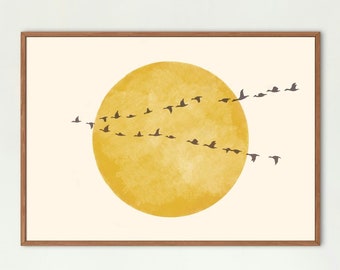 May include: A framed print with a minimalist design featuring a large yellow circle and a flock of birds flying in a V formation.