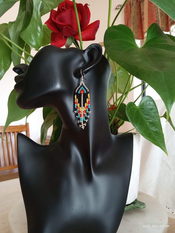Beautiful Native Style, Fringe Earrings, Hand made unique 1 of 1. View 2
