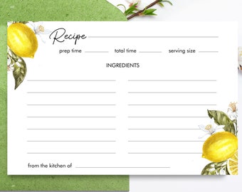 Printable Recipe Card Template, Lemon Decor, Personalized Recipe 4x6, Modern Digital Instant Download, LT20