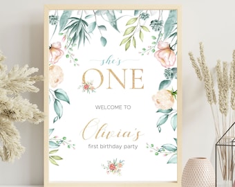 Editable First Birthday Welcome Sign: Mint, Gold, Pink Floral (Digital File)