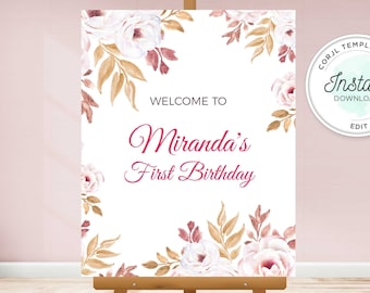 Letrero floral de bienvenida para cumpleaños: flores rosa empolvado (descarga instantánea)