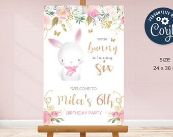 EDITABLE Bunny Birthday Welcome Sign, Digital Welcome Template • INSTANT DOWNLOAD • #FL01