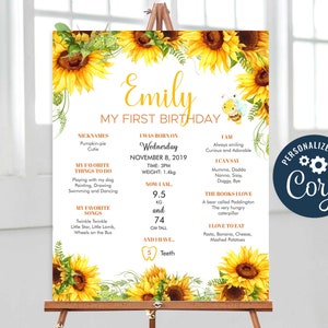 Zonnebloem Baby Girl 1e verjaardag mijlpaal Board, Floral Milestone Sign, Baby Keepsake, Milestone Poster Afdrukbare bewerkbare, Corjl - SUN01