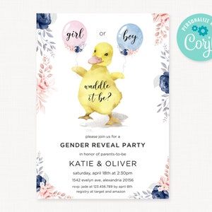 Duck Gender Reveal Invitation: Waddle it Be, He or She (Corjl Template) image 1