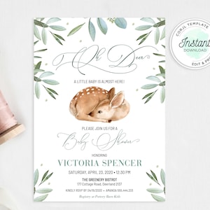Oh Deer Baby Shower Invitación / Baby Shower de vegetación editable / Género neutro / Tema del bosque / Descarga instantánea / CIERVOS