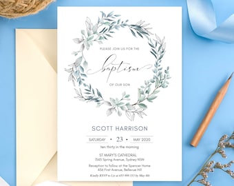 Greenery Baptism Invitation with Watercolor Wreath, Christening Invite, Corjl Printable Template, INSTANT DOWNLOAD, BT01