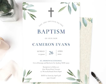 Baptism Invitation Instant Download, Boy Christening Invite, Baptism Announcement, Olive Branch Invitation, BT01