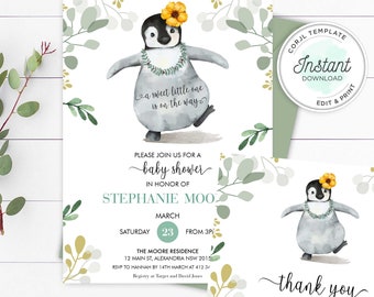 May include: A baby shower invitation featuring a cute cartoon penguin wearing a flower crown and a lei. The invitation is decorated with green leaves and has the text "a sweet little one is on the way". The invitation also includes the text "Please join us for a baby shower in honour of Stephanie Moo. Saturday, March 23 from 3 p.m. The Moore Residence, 12 Main St, Alexandria NSW 2015. RSVP to Hannah by 14th March at 412 34. Registry at Target and David Jones."
