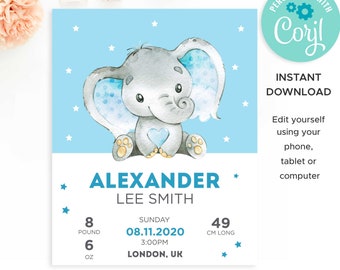 May include: A blue and gray baby shower announcement with a cartoon elephant holding a heart. The announcement includes the baby's name, Alexander Lee Smith, birth date, weight (8 pounds, 6 ounces), and length (49 cm).