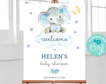 Elephant Baby Shower Welcome Sign: Blue Watercolor (Instant Download)