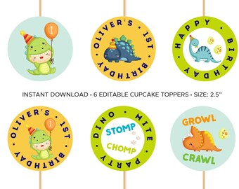 May include: Six printable cupcake toppers featuring a dinosaur theme. The toppers are 2.5 inches in diameter and feature a variety of dinosaurs, including a green dinosaur with a balloon, a blue dinosaur with a party hat, and an orange dinosaur with a party hat. The toppers also include the text "Oliver's 1st Birthday", "Happy Birthday", "Dino Stomp Chomp Party", and "Growl Crawl".