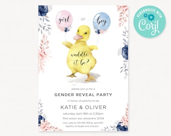 Ente Gender Reveal Einladung: Waddle it Be, He oder She (Corjl Template)