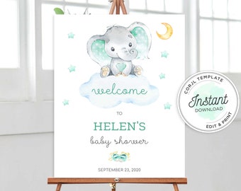 Gender Neutral Baby Shower Willkommensschild, Elefanten Baby Shower, Digitales Willkommensplakat, INSTANT DOWNLOAD, Corjl Template, Mint und Grau, ME20