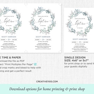 May include: Printable baptism invitation with a watercolor wreath design. The invitation features the text "Please join us for the baptism of our son" and includes the name Scott Harrison, the date, and the location of the event. The invitation also includes instructions for saving time and paper by printing multiple invitations per page.