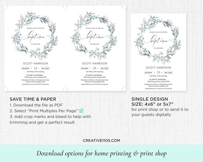 May include: Printable baptism invitation with a watercolor wreath design. The invitation features the text "Please join us for the baptism of our son" and includes the name Scott Harrison, the date, and the location of the event. The invitation also includes instructions for saving time and paper by printing multiple invitations per page.