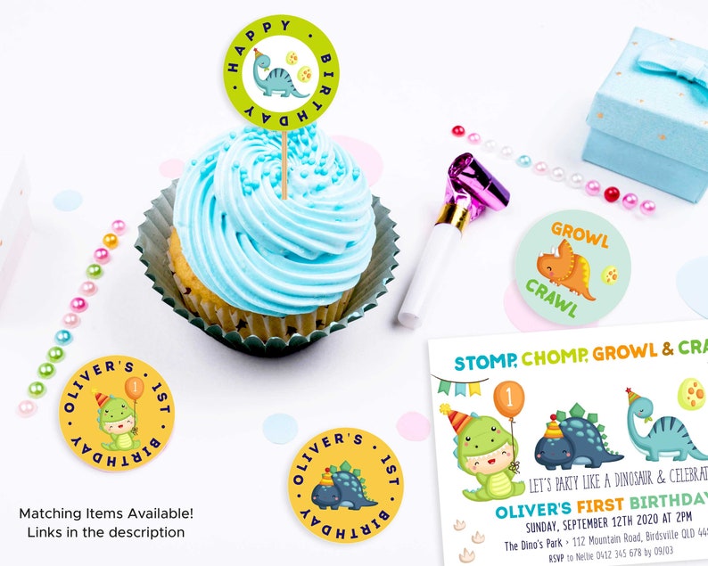 May include: A set of dinosaur-themed party decorations for a first birthday. The set includes a cupcake topper, a round sticker with a dinosaur and the text "Oliver's 1st Birthday", a round sticker with the text "Growl Crawl", and a party invitation with the text "Stomp, Chomp, Growl & Crawl. Let's party like a dinosaur and celebrate Oliver's First Birthday. Sunday, September 12th 2020 at 2pm. The Dino's Park - 112 Mountain Road, Birdsville QLD 445. RSVP to Nellie 0412 345 678 by 09/03."