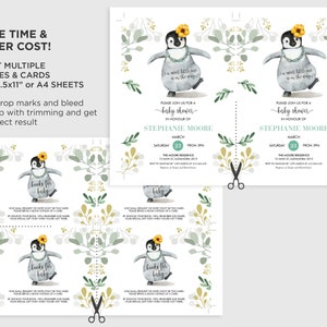 May include: Printable baby shower invitation featuring a penguin with a yellow flower on its head and the text "Books for Baby". The invitation is decorated with green and yellow floral elements. The text on the invitation reads "Please join us for a baby shower in honour of Stephanie Moore, March 23rd, Saturday from 3pm, The Moore Residence, 12 Main Street, Alexandria 2013, RSVP by March 15th, 2013, 0412 345 678,  Regina and Roger Smith, 0412 345 678".