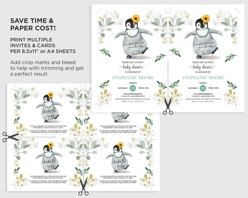 May include: Printable baby shower invitation featuring a penguin with a yellow flower on its head and the text "Books for Baby". The invitation is decorated with green and yellow floral elements. The text on the invitation reads "Please join us for a baby shower in honour of Stephanie Moore, March 23rd, Saturday from 3pm, The Moore Residence, 12 Main Street, Alexandria 2013, RSVP by March 15th, 2013, 0412 345 678,  Regina and Roger Smith, 0412 345 678".