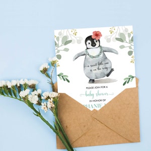 May include: A baby shower invitation featuring a watercolour illustration of a penguin wearing a flower and a lei. The text reads "A sweet little one is on the way." and "Please join for a baby shower in honour of [Name]".
