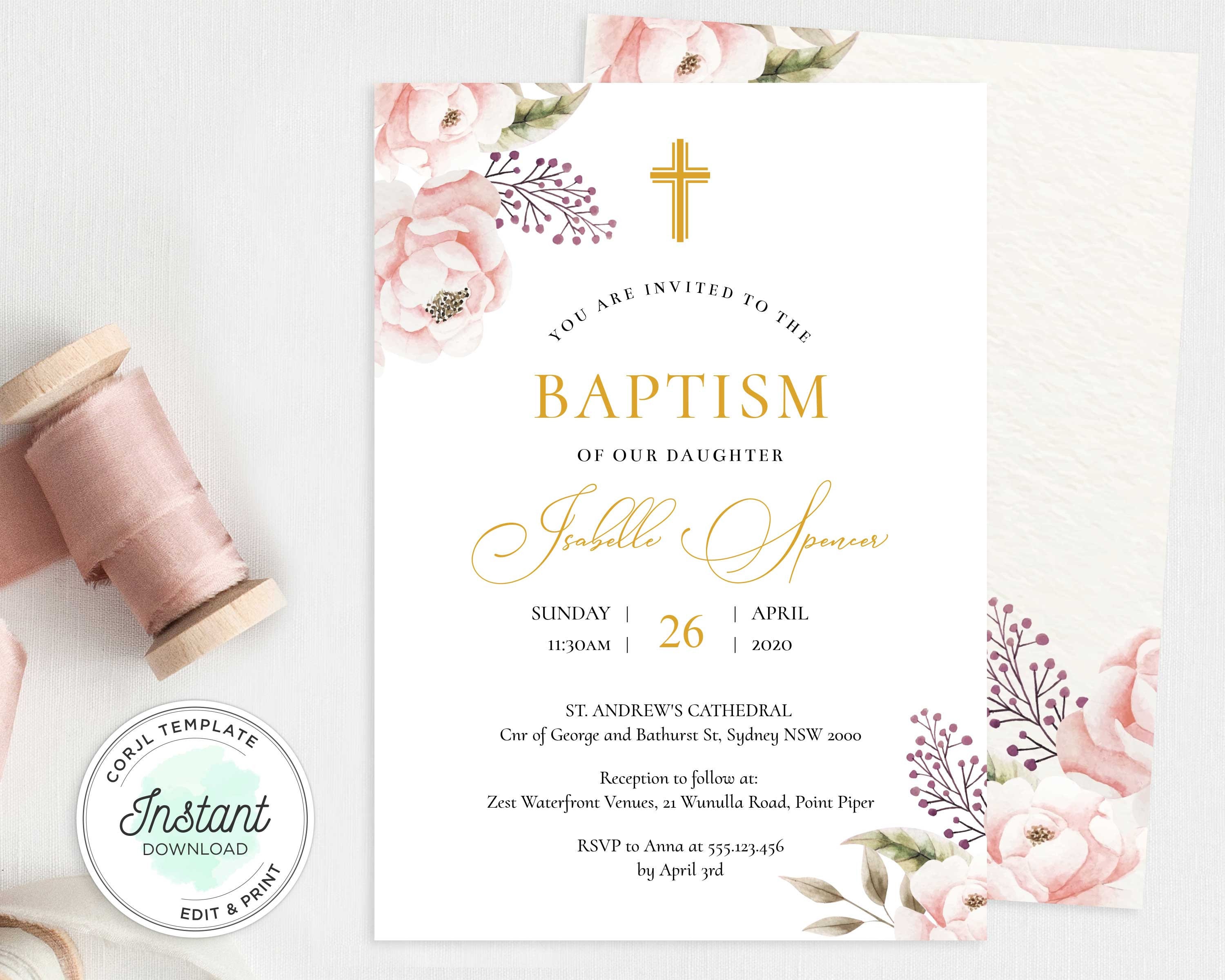 Baptism Invitation Template Baby Girl Christening Invitation Etsy