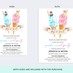 K&ouml;nnte beinhalten: Eine Einladung zu einer Gender Reveal Party mit einer Aquarell-Illustration von zwei Eiswaffeln, eine blau und eine rosa, mit dem Text "boy or girl" auf einem Banner. Die Einladung enth&auml;lt den Text "What will baby Smith be? Please join us for a gender reveal party" und Details zur Party, einschlie&szlig;lich Datum, Uhrzeit, Ort und RSVP-Informationen.