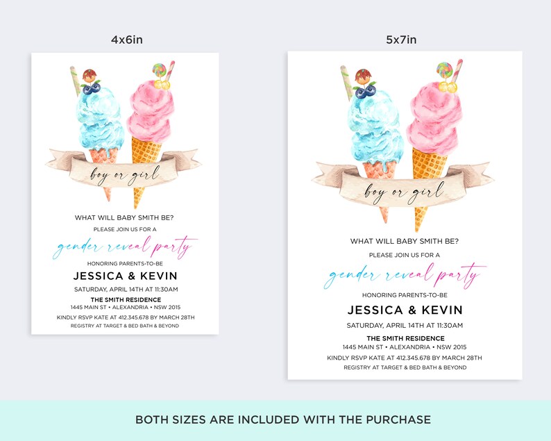K&ouml;nnte beinhalten: Eine Einladung zu einer Gender Reveal Party mit einer Aquarell-Illustration von zwei Eiswaffeln, eine blau und eine rosa, mit dem Text "boy or girl" auf einem Banner. Die Einladung enth&auml;lt den Text "What will baby Smith be? Please join us for a gender reveal party" und Details zur Party, einschlie&szlig;lich Datum, Uhrzeit, Ort und RSVP-Informationen.