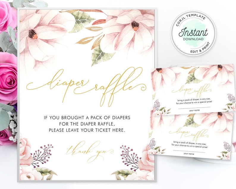 Puede incluir: Un cartel de rifa de pa&ntilde;ales imprimible con un dise&ntilde;o floral. El cartel dice "diaper raffle" en escritura dorada e incluye el texto "Si trajiste un paquete de pa&ntilde;ales para la rifa de pa&ntilde;ales, por favor deja tu boleto aqu&iacute;. Gracias."
