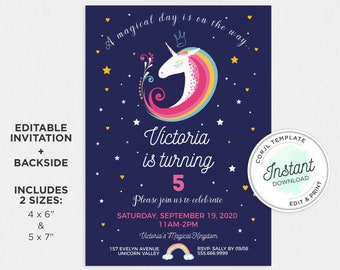 Rainbow Unicorn Birthday Invitation: Blue Slumber Party Invite (INSTANT DOWNLOAD)