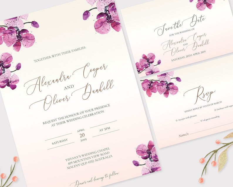 Printable Purple Invitation Orchid Wedding Invitation Suite ORC19