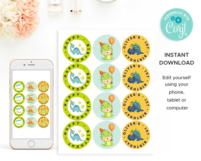 May include: Printable dinosaur birthday party favor stickers. The stickers are round and feature a green dinosaur with a party hat and a blue dinosaur with a crown. The text on the stickers says "Happy 1st Birthday" and "Oliver's 1st Birthday".
