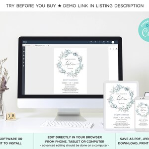 May include: A computer screen displaying a digital invitation for a baptism with a watercolor wreath design. The invitation is customizable with the text "Please join us for the Baptism of" and the name "Scott Harrison". The invitation is also available in a smaller size for a phone or tablet.