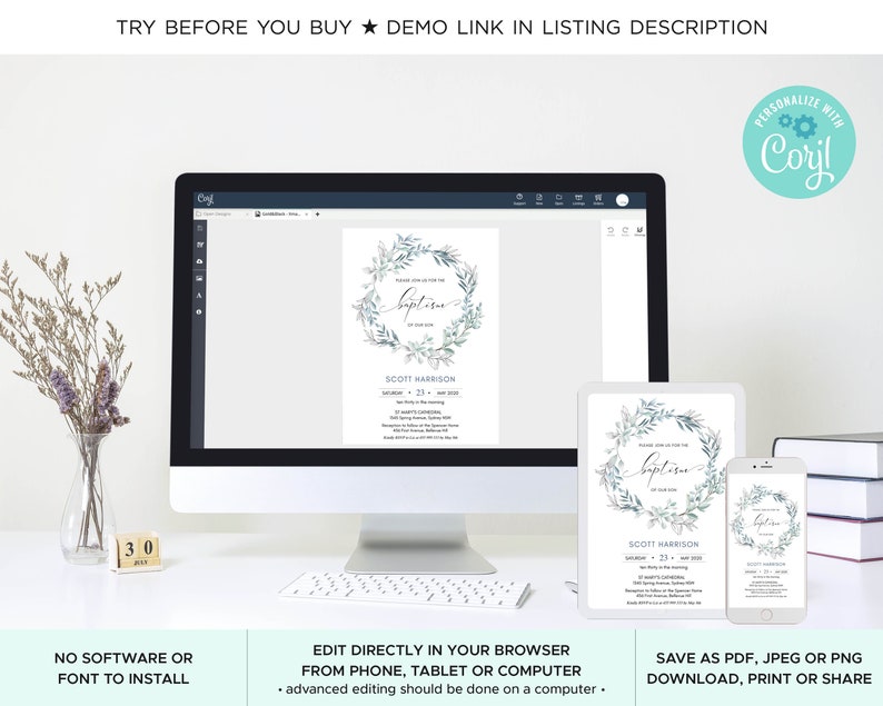 May include: A computer screen displaying a digital invitation for a baptism with a watercolor wreath design. The invitation is customizable with the text "Please join us for the Baptism of" and the name "Scott Harrison". The invitation is also available in a smaller size for a phone or tablet.