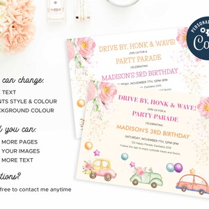 May include: Two printable party invitations for a drive-by birthday party. The invitations feature a pink and white floral design with a gold glitter background. The text on the invitations reads "Drive by, Honk & Wave! Join us for a Party Parade Celebrating Madison's 3rd Birthday".