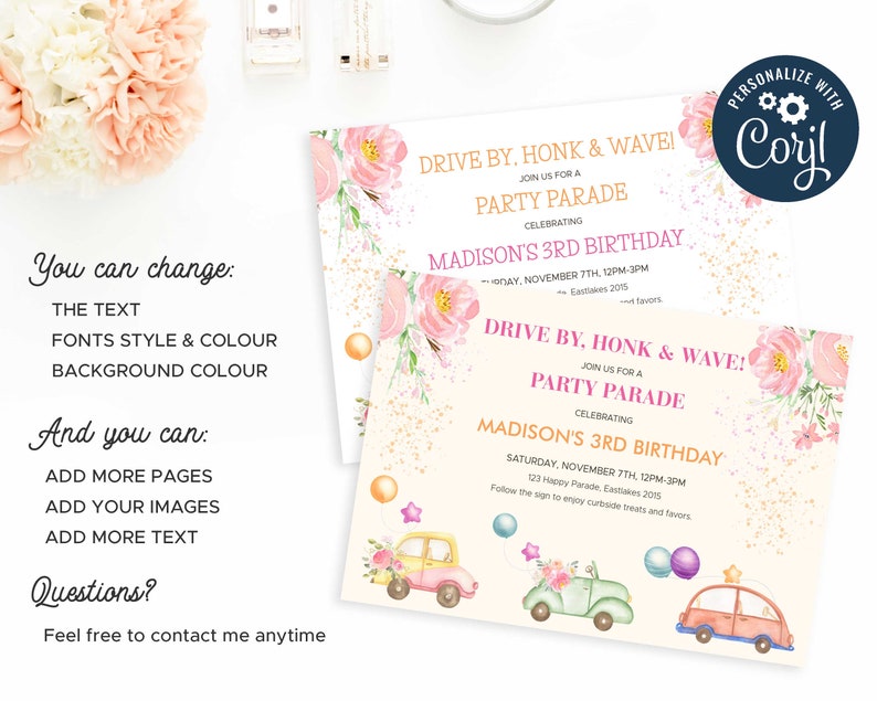 May include: Two printable party invitations for a drive-by birthday party. The invitations feature a pink and white floral design with a gold glitter background. The text on the invitations reads "Drive by, Honk & Wave! Join us for a Party Parade Celebrating Madison's 3rd Birthday".