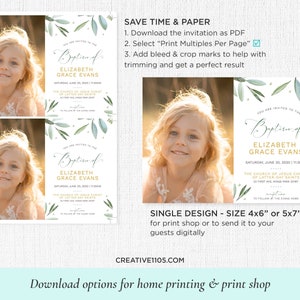 May include: A baptism invitation with a watercolor design featuring green leaves and gold lettering. The invitation is for Elizabeth Grace Evans and includes the date, time, and location of the event. The invitation also includes a photo of a young girl.
