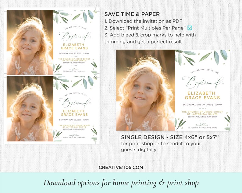 May include: A baptism invitation with a watercolor design featuring green leaves and gold lettering. The invitation is for Elizabeth Grace Evans and includes the date, time, and location of the event. The invitation also includes a photo of a young girl.