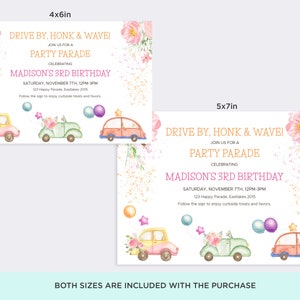 May include: A pink and gold birthday party invitation with a drive-by party theme. The invitation features a watercolor illustration of cars decorated with flowers and balloons. The text reads "Drive By, Honk & Wave! Join us for a Party Parade Celebrating Madison's 3rd Birthday. Saturday, November 7th, 12PM-3PM. 123 Happy Parade, Eastlakes 2015. Follow the sign to enjoy curbside treats and favors."