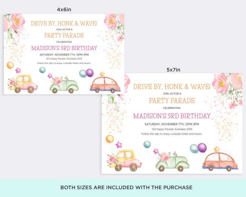 May include: A pink and gold birthday party invitation with a drive-by party theme. The invitation features a watercolor illustration of cars decorated with flowers and balloons. The text reads "Drive By, Honk & Wave! Join us for a Party Parade Celebrating Madison's 3rd Birthday. Saturday, November 7th, 12PM-3PM. 123 Happy Parade, Eastlakes 2015. Follow the sign to enjoy curbside treats and favors."