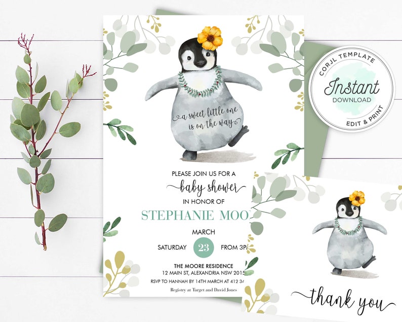 May include: A baby shower invitation featuring a cute cartoon penguin wearing a flower crown and a lei. The invitation is decorated with green leaves and has the text "a sweet little one is on the way". The invitation also includes the text "Please join us for a baby shower in honor of Stephanie Moo. Saturday, March 23 from 3 p.m. The Moore Residence, 12 Main St, Alexandria NSW 2015. RSVP to Hannah by 14th March at 412 34. Registry at Target and David Jones."