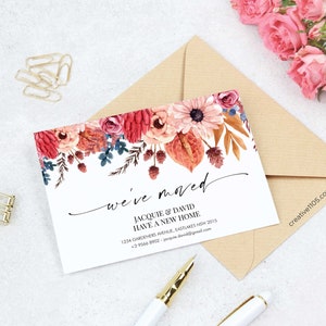 May include: A floral-themed new address announcement card with the text "we've moved" and the names "Jacquie & David" along with their new address and phone number.