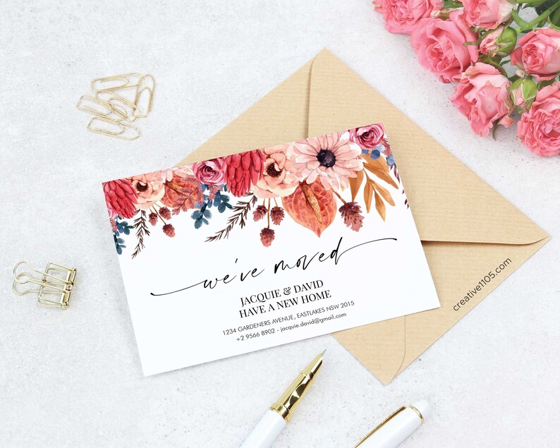 May include: A floral-themed new address announcement card with the text "we've moved" and the names "Jacquie & David" along with their new address and phone number.