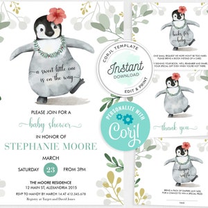Editable Penguin Baby Shower Bundle, Baby Girl Eucalyptus Shower, Penguin Party, Corjl, PBS01